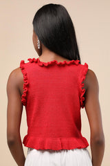 Smiling Sweetie Bright Red Knit Ruffled Sleeveless Sweater Top