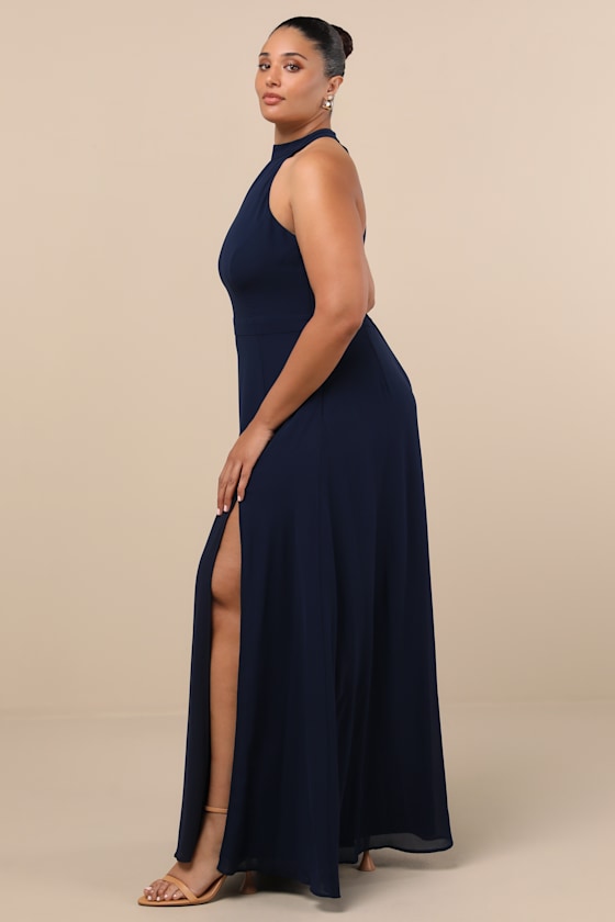 Confidently Charismatic Navy Blue Backless Halter Maxi Dress