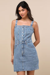 Iconic Medium Wash Denim Button-Up Mini Dress