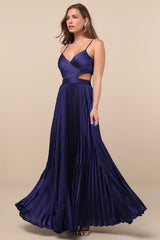 Got the Glam Navy Blue Pleated Cutout Maxi Dress