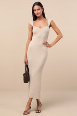 Chiara Beige Ribbed Knit Cap Sleeve Midi Dress