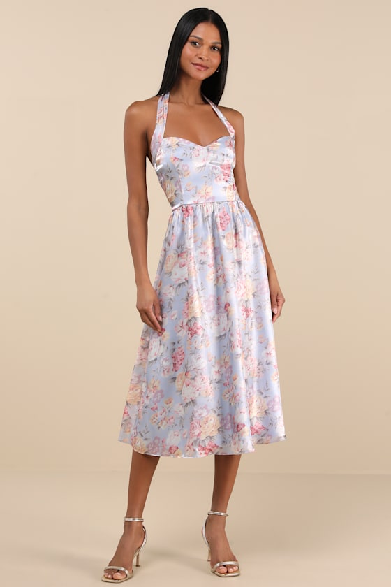 Briselda Light Blue Floral Organza Halter Midi Dress