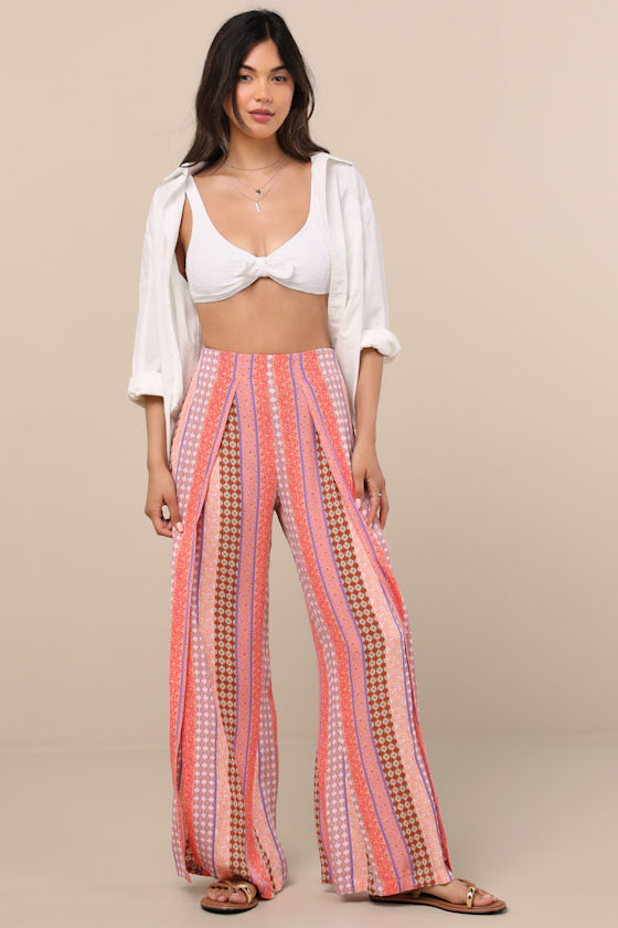 Split Spirit Multi Boho Print Wide-Leg Slit-Front Pants