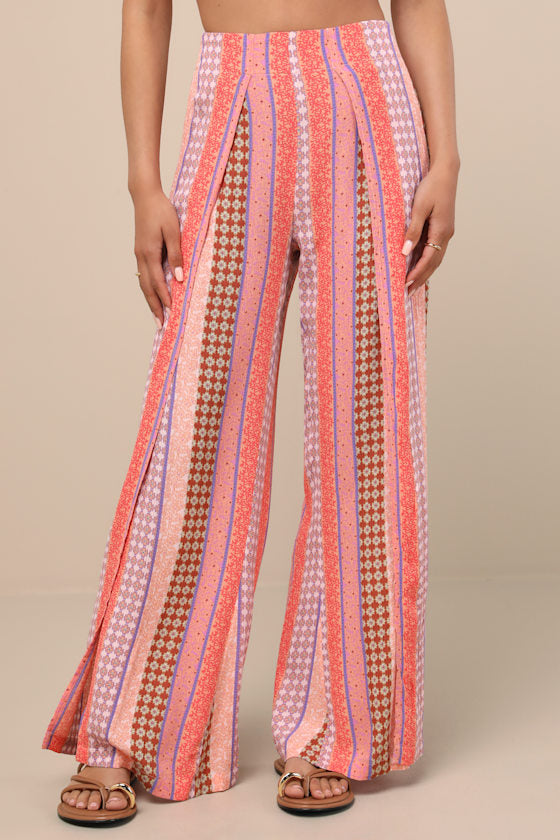 Split Spirit Multi Boho Print Wide-Leg Slit-Front Pants