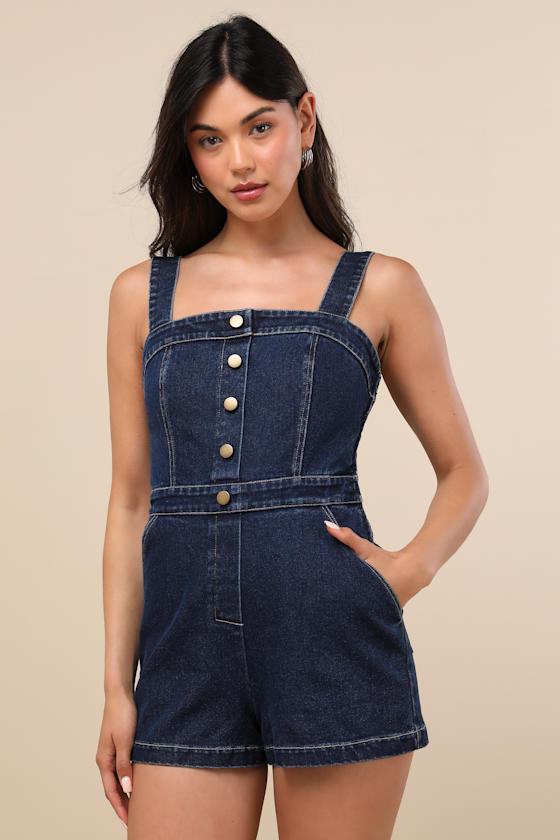 Thema Dark Wash Denim Button-Front Romper
