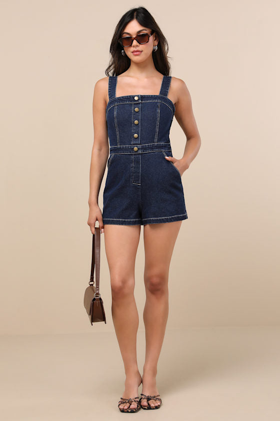 Thema Dark Wash Denim Button-Front Romper