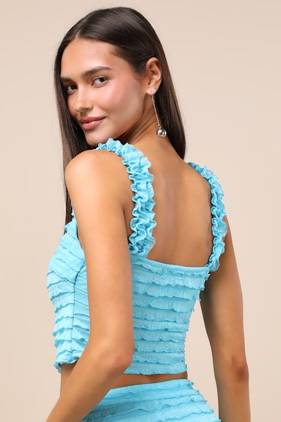 Arcelia Blue Ruffled Crop Tank Top