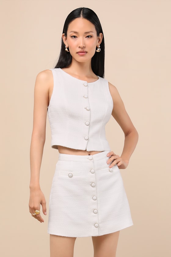 Monique White Tweed Button-Front Mini Skirt