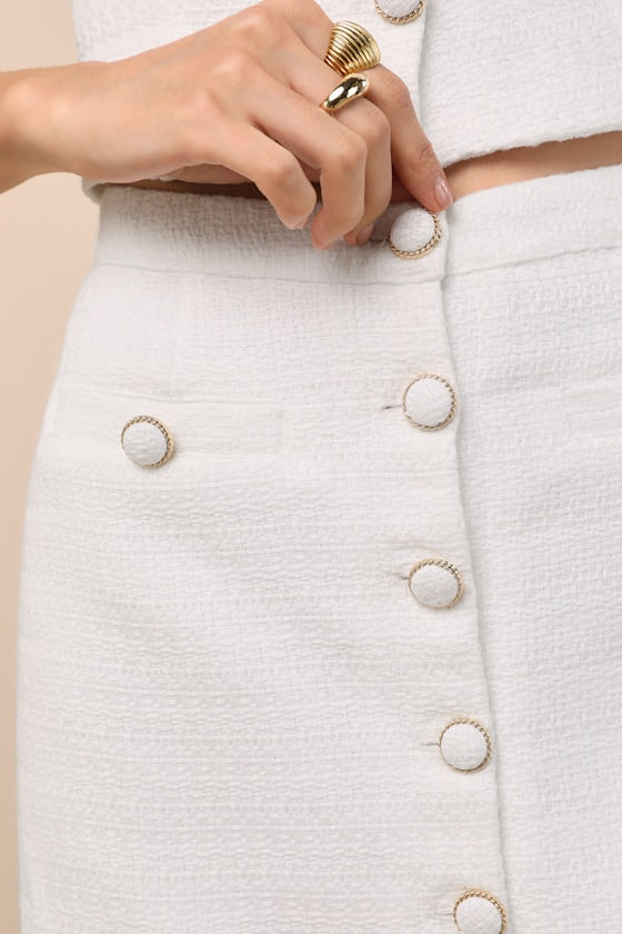 Monique White Tweed Button-Front Mini Skirt