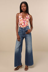 Boldly Blooming Burgundy Floral Print Halter Bodysuit