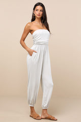 Flawless Comfort Bone Ruched Strapless Jogger Jumpsuit