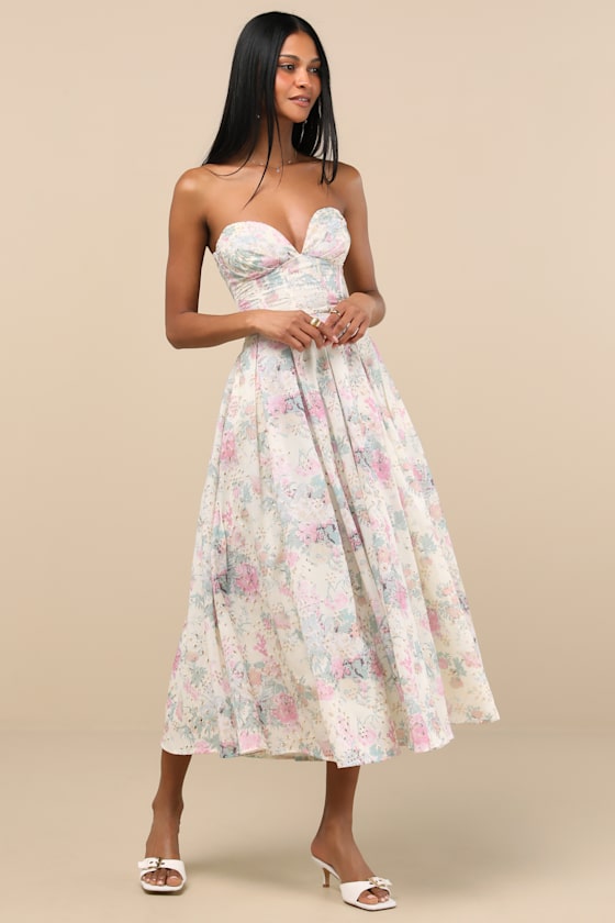Ebba Ivory Floral Eyelet Embroidered Strapless Midi Dress