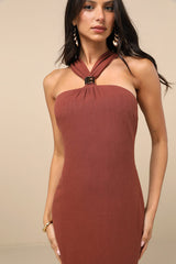 Calessia Rust Brown Linen Halter Neck Midi Dress
