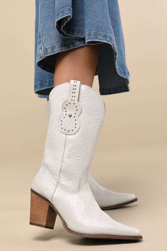 Rhythm 'N' Blues White Leather Embossed Mid-Calf Western Boots