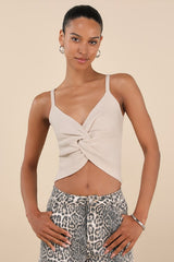 Melika Beige Ribbed Knotted Crop Tank Top