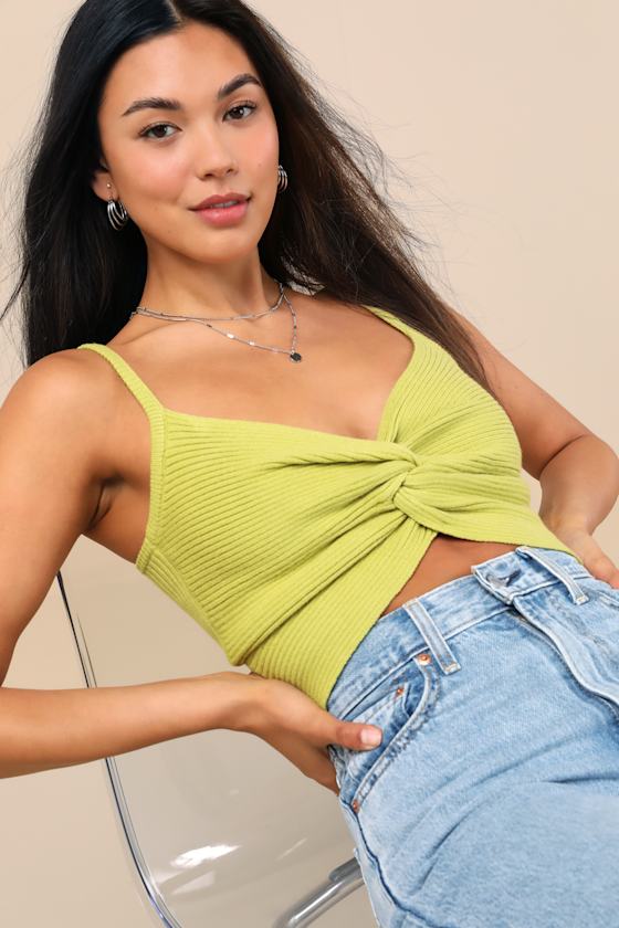 Melika Lime Green Ribbed Knotted Crop Tank Top