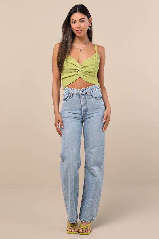 Melika Lime Green Ribbed Knotted Crop Tank Top