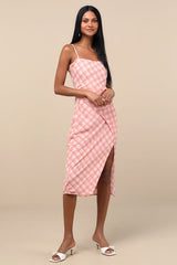 Jenise Pink Plaid Faux-Wrap Midi Dress