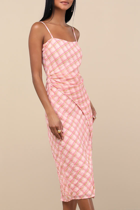 Jenise Pink Plaid Faux-Wrap Midi Dress