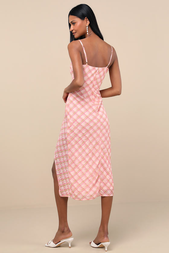 Jenise Pink Plaid Faux-Wrap Midi Dress