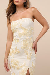 Kattalin Cream Floral Applique Strapless Midi Dress