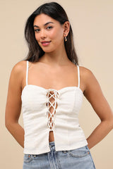 Annelie Cream Textured Knit Lace-Up Tank Top