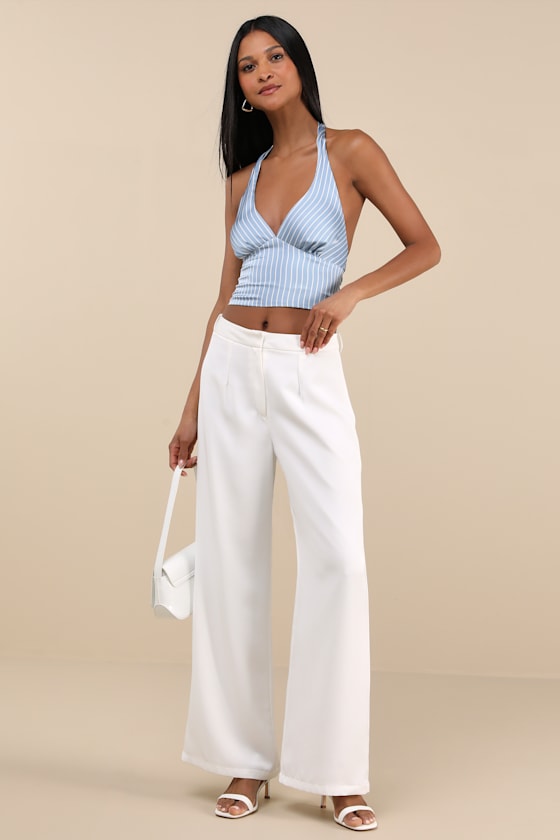 Damaina Light Blue Striped Satin Tie-Back Halter Top