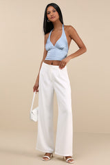 Damaina Light Blue Striped Satin Tie-Back Halter Top