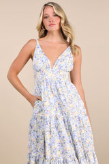 Brightly Blossoming Light Blue Floral Tiered Midi Dress