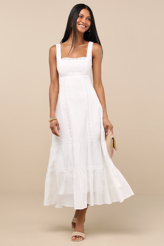 Esmeray White Lace Sleeveless Tiered Midi Dress