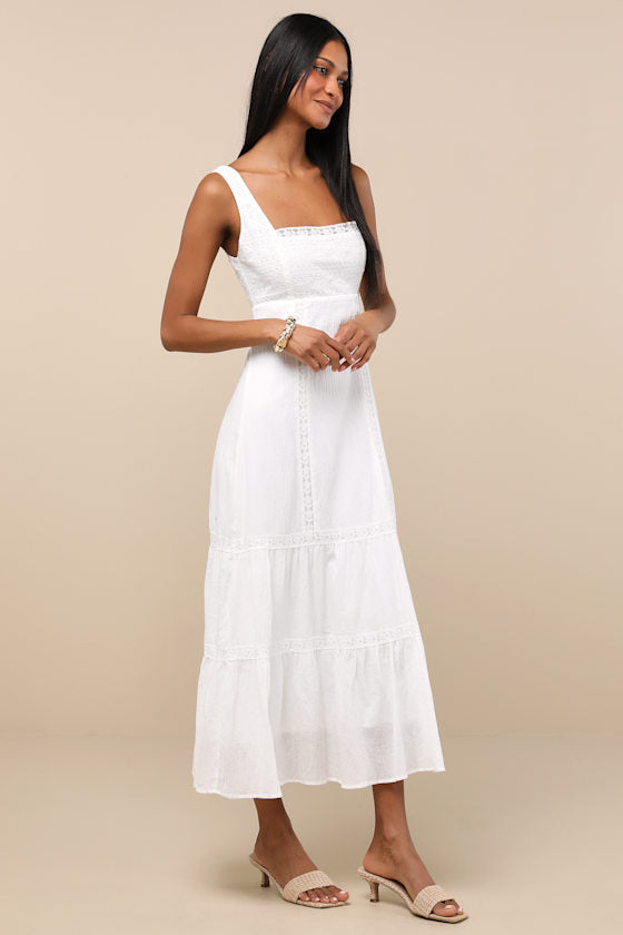 Esmeray White Lace Sleeveless Tiered Midi Dress