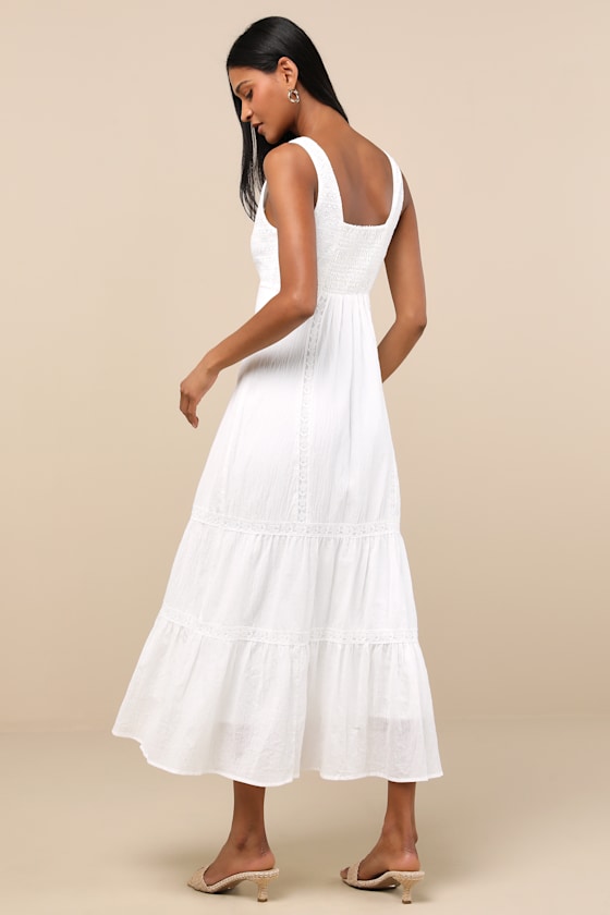 Esmeray White Lace Sleeveless Tiered Midi Dress
