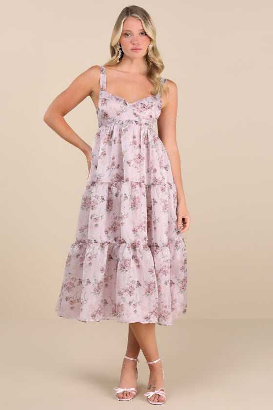 Marvelously Darling Mauve Floral Tiered Backless Midi Dress