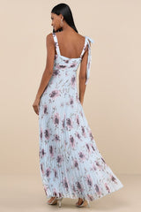 Gorgeous Purpose Blue Floral Pleated Sleeveless Bow Maxi Dress
