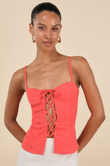 Annelie Coral Textured Knit Lace-Up Tank Top