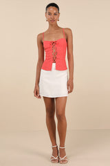 Annelie Coral Textured Knit Lace-Up Tank Top