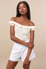 Atarah Cream Open-Knit Off-the-Shoulder Sweater Top