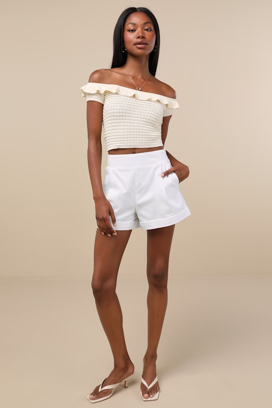Atarah Cream Open-Knit Off-the-Shoulder Sweater Top