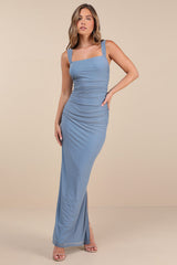 Amazing Presence Slate Blue Mesh Ruched Column Maxi Dress