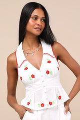 Ayah White Embroidered Collared Button-Front Top