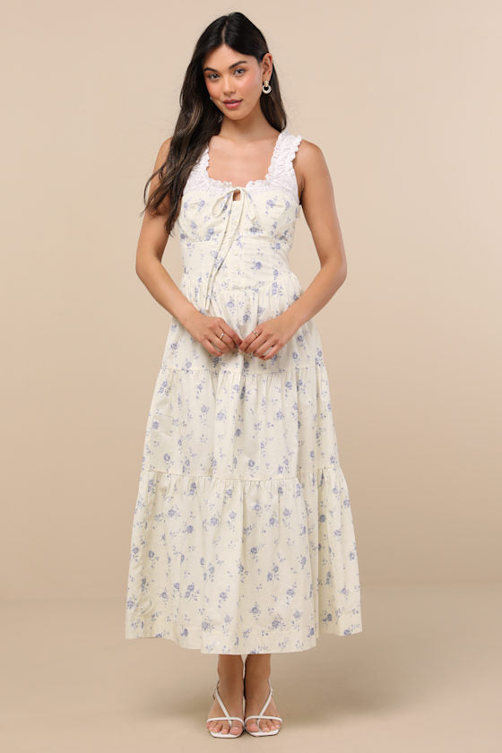 Bianka Ivory Floral Ruffled Tiered Midi Dress