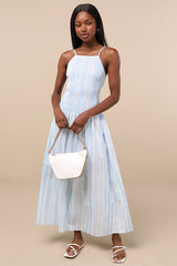 Jalessa Light Blue Multi Striped Drop Waist Midi Dress