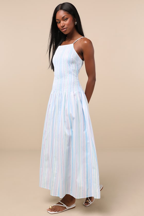 Jalessa Light Blue Multi Striped Drop Waist Midi Dress