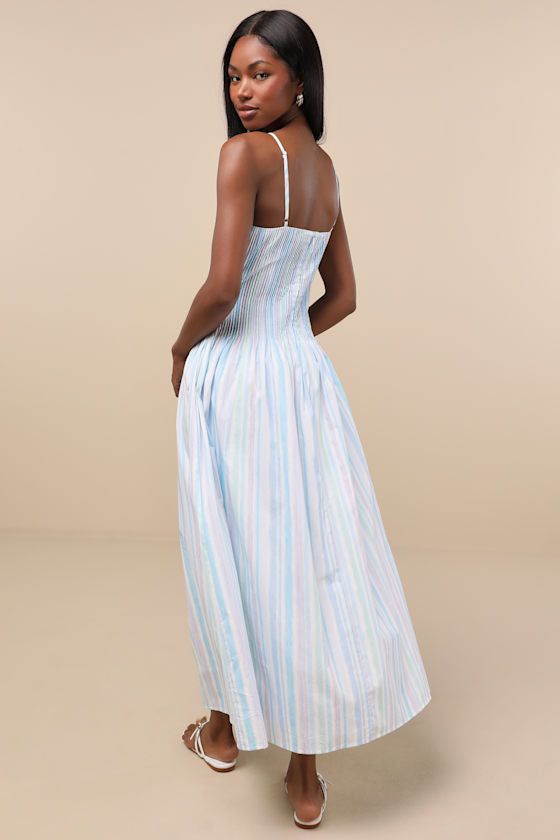 Jalessa Light Blue Multi Striped Drop Waist Midi Dress