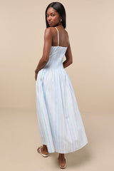 Jalessa Light Blue Multi Striped Drop Waist Midi Dress