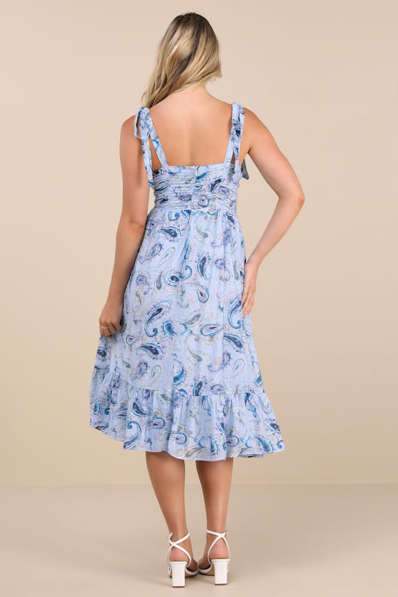 Lush Loveliness Light Blue Paisley Tie-Strap Midi Dress