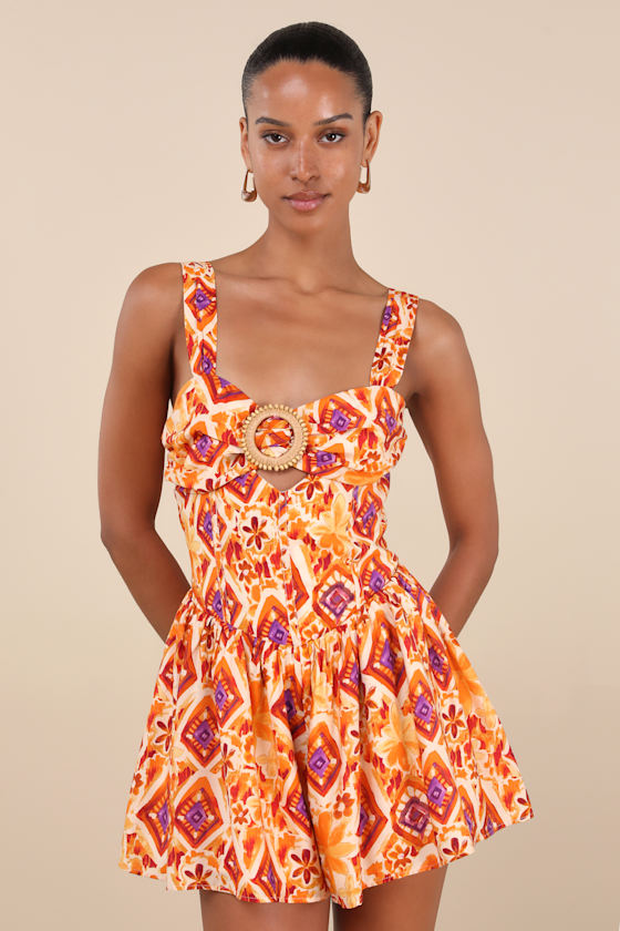 Luniper Orange Multi Boho Print Basque Waist Romper