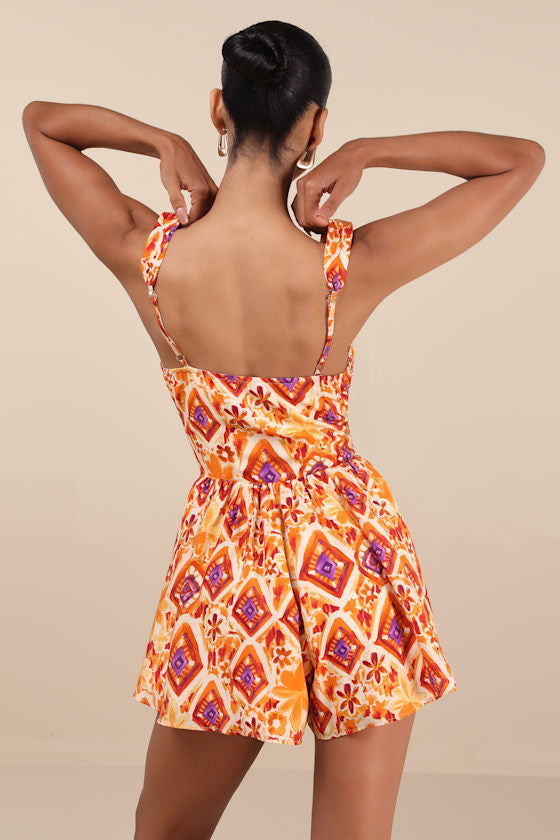 Luniper Orange Multi Boho Print Basque Waist Romper