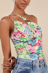Anahera Green Floral Mesh Cutout One-Shoulder Bodysuit