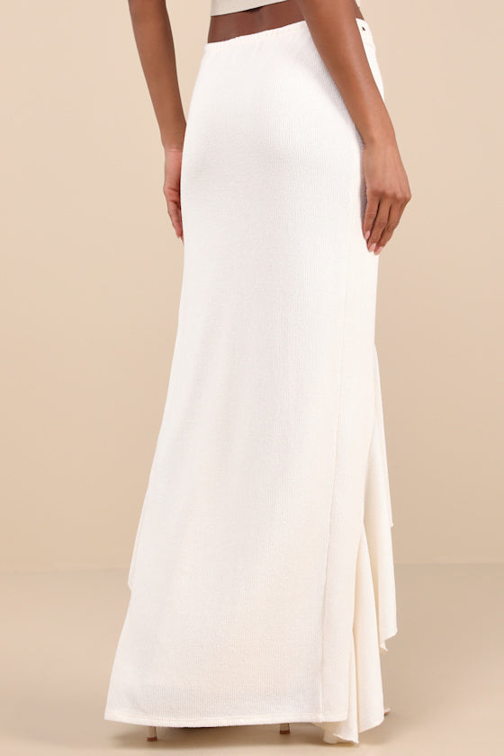 Eladia Ivory Knit Ruffled High-Low Maxi Skirt